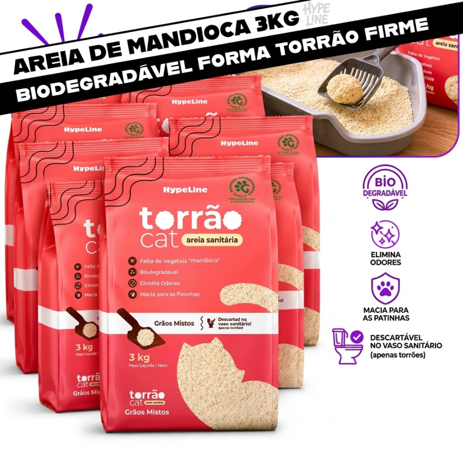 Kit Areia de Mandioca Granulado Sanitário 100% Biodegrável de Gato Forma Torrões Alta Absorção