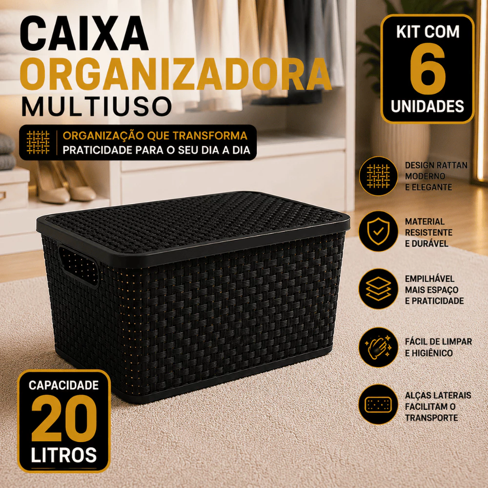 Kit 6 UN Caixas Organizadoras Rattan 20 litros Preta com Tampa Multiuso Brinquedos Roupas