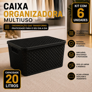 Kit 6 UN Caixas Organizadoras Rattan 20 litros Preta com Tampa Multiuso Brinquedos Roupas