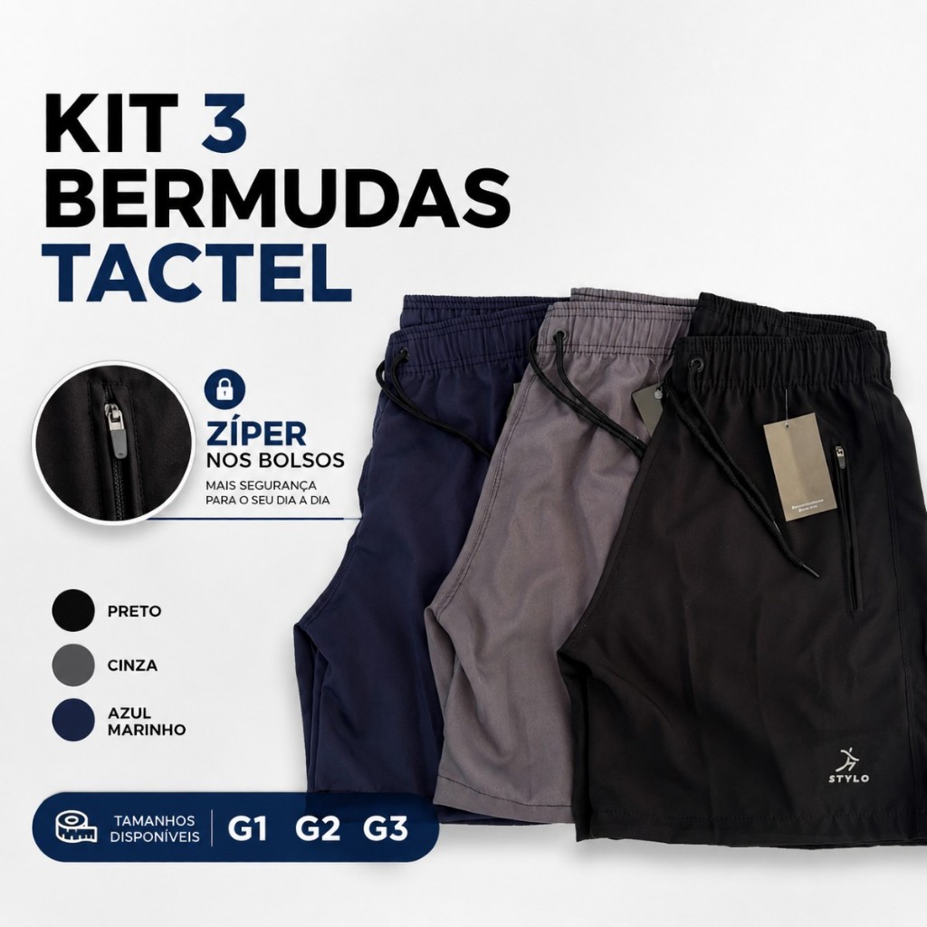 Kit 3 Bermuda Masculina Plus Size G1 G2 G3 Elastano Premium Com Zíper nos bolsos da frente