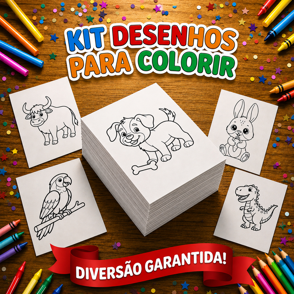 KIT Desenhos para Colorir Animais Infantil Educativas Crianças Pintura Safari Fazenda Zoológico