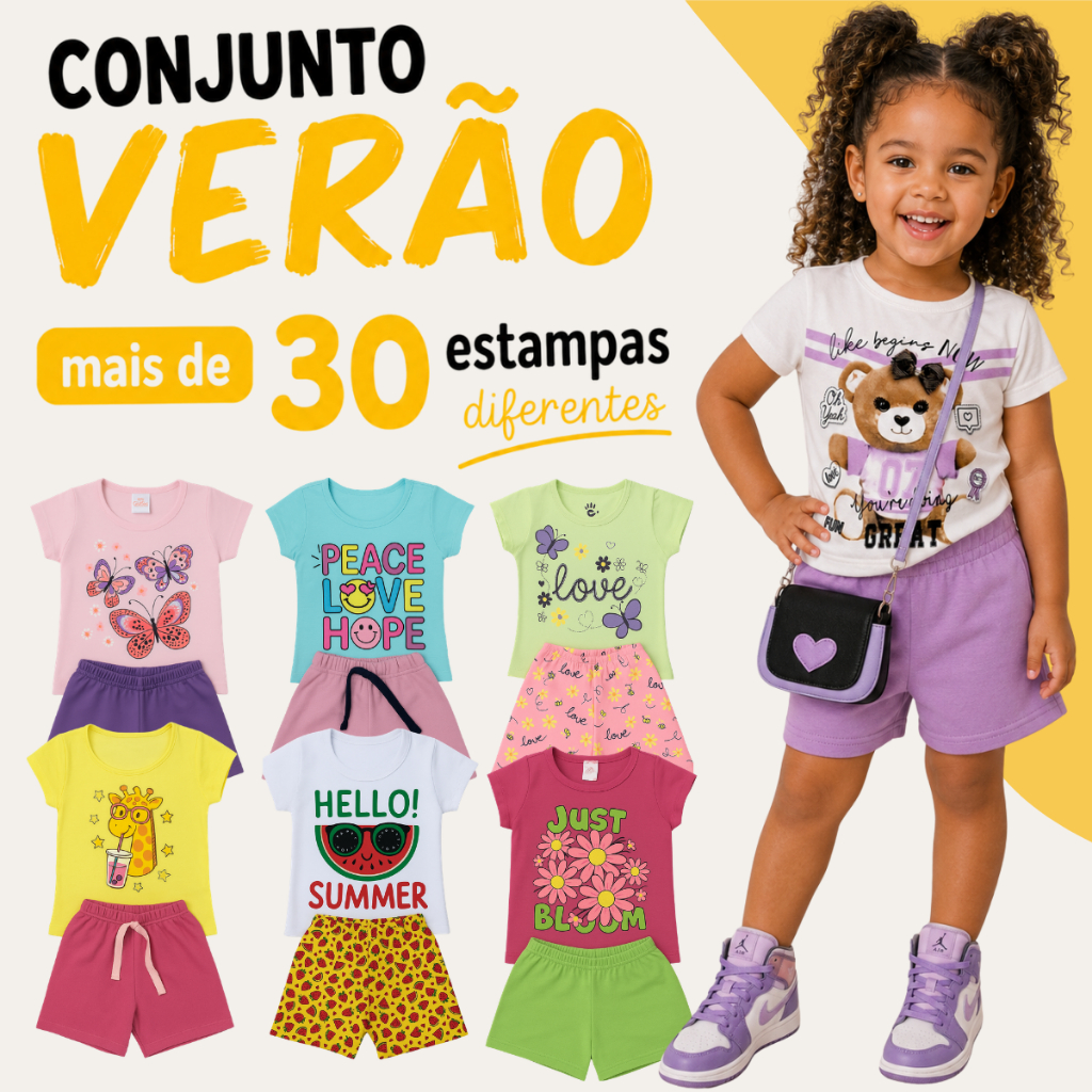 Kit com 4 Peças Roupa Infantil Menina Verão Conjunto Sortido Estampado 2 Camisetas + 2 Shorts Regata Estiloso