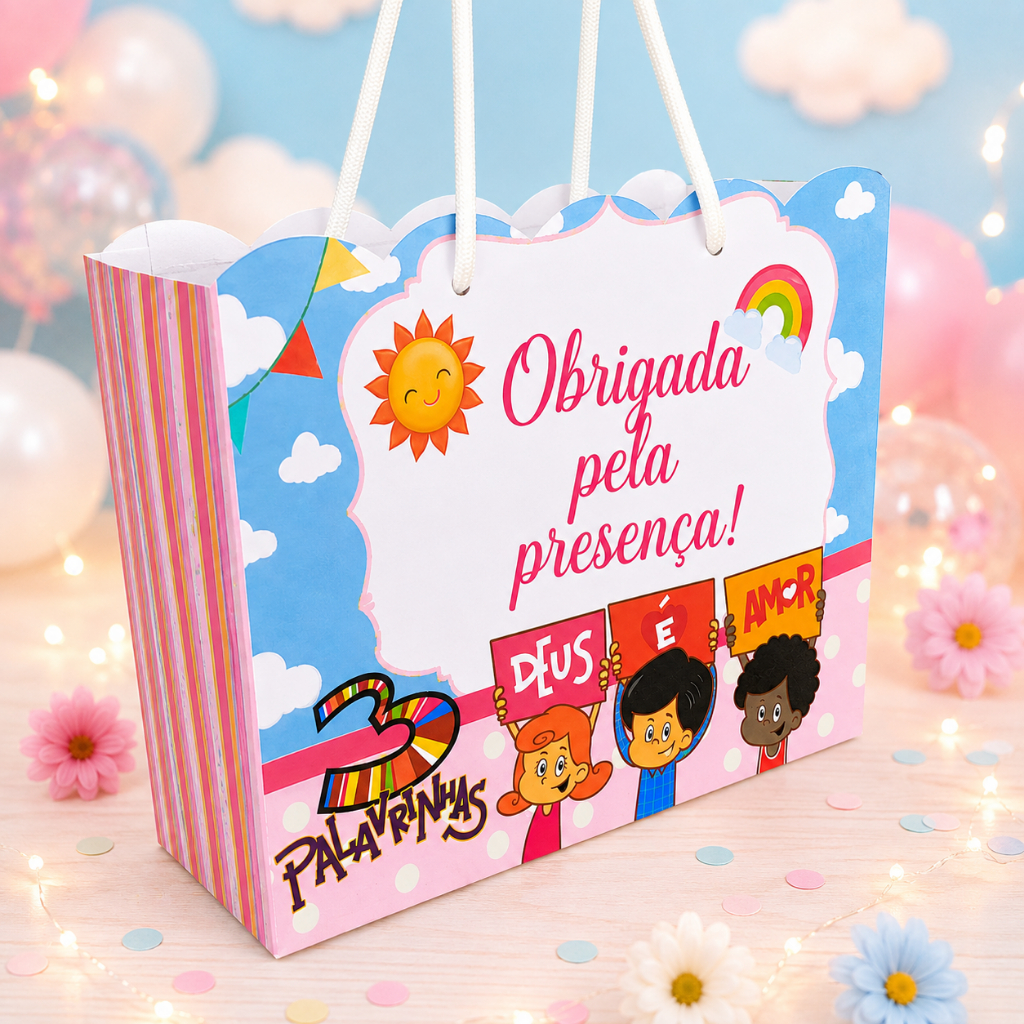 Kit Sacolinhas Personalizadas 3 Palavrinhas Rosa com Nome e Idade Lembrancinha Infantil