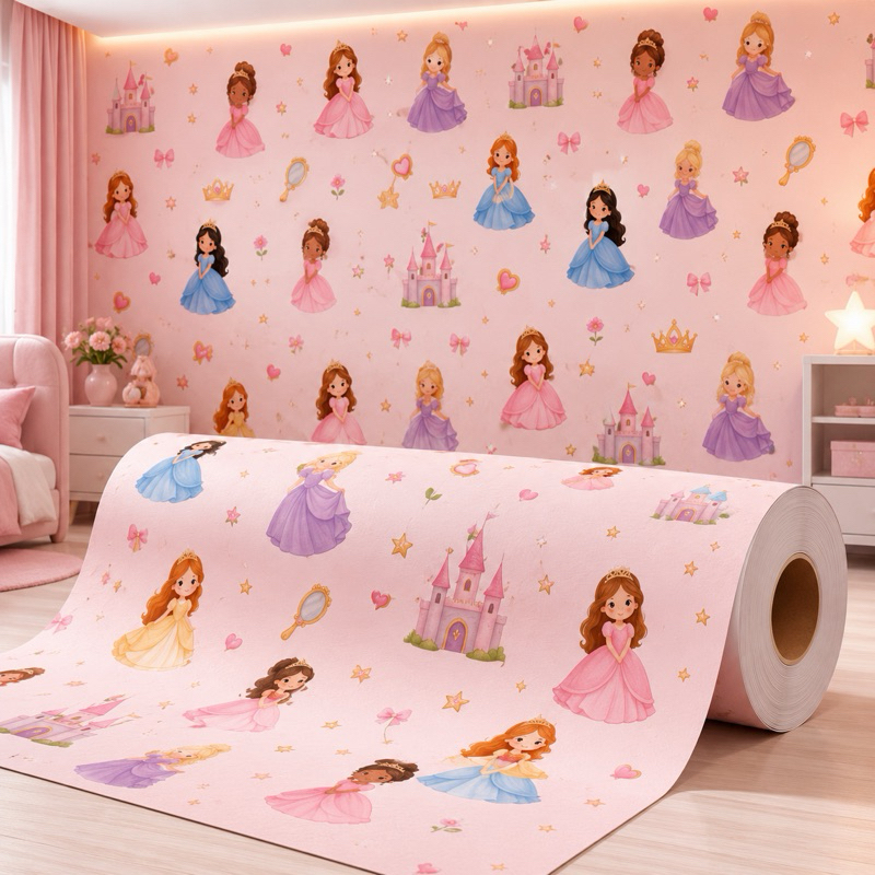 Papel de Parede Adesivo Para Quarto de Menina Infantil Princesas Rosa Claro Fácil Instalação