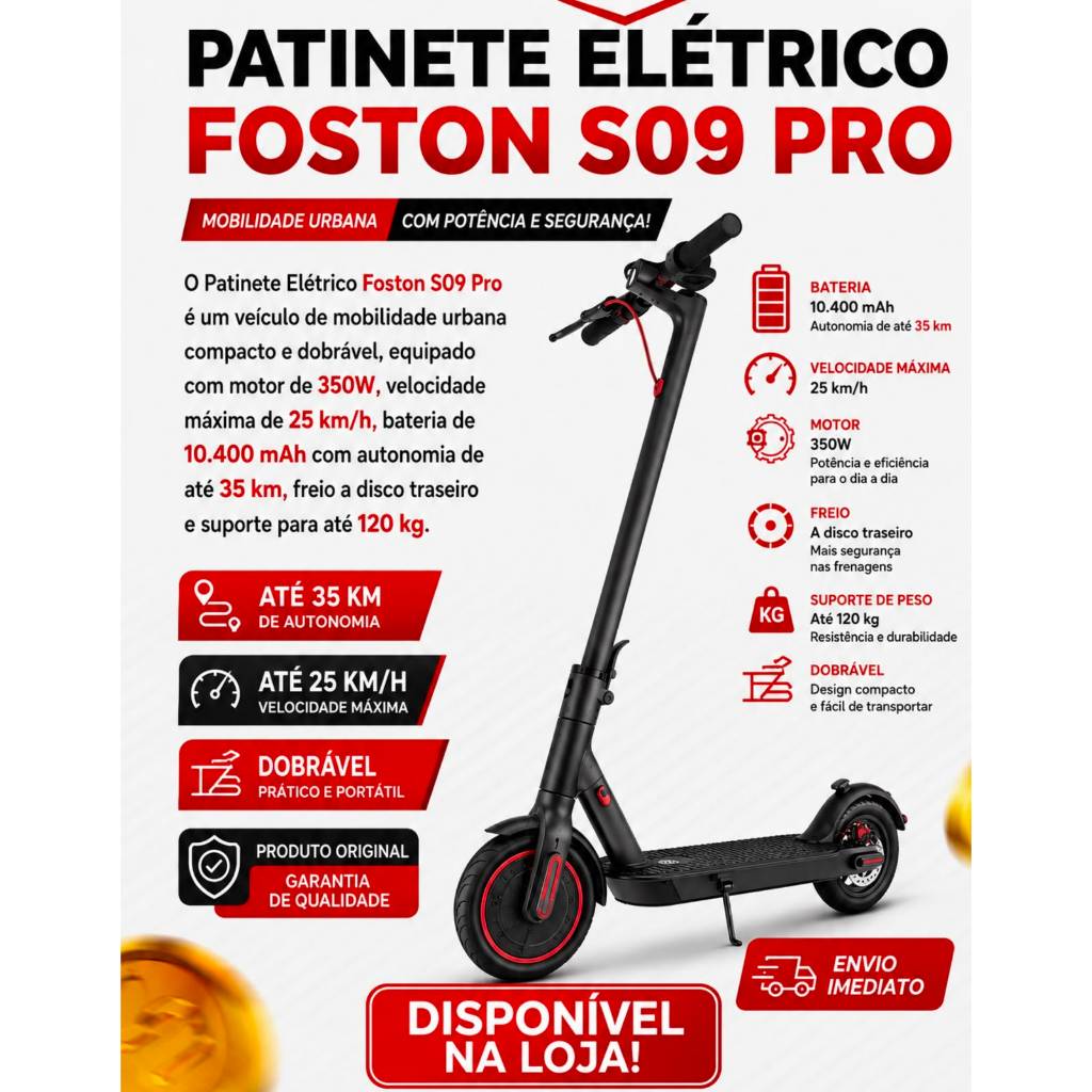 Patinete Elétrico Bluetooth Dobrável Foston S09 Pro- LANÇAMENTO 2026