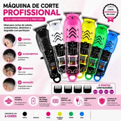 Máquina de Cortar Cabelo Sem Fio Recarregável com Display LCD, Lâmina T Inox e 4 Pentes para Cabelo e Barba
