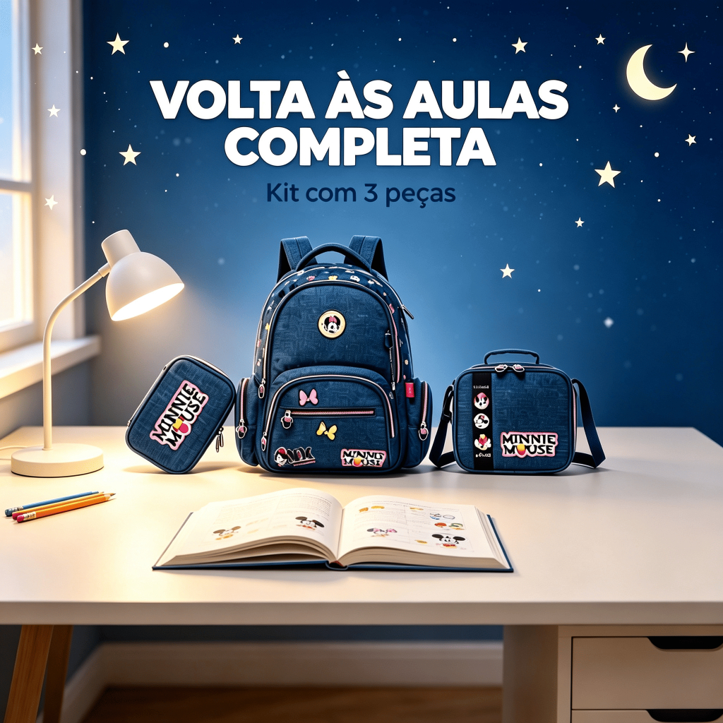 Kit Mochila De Costas Minnie Escolar Juvenil Lancheira Estojo Disney