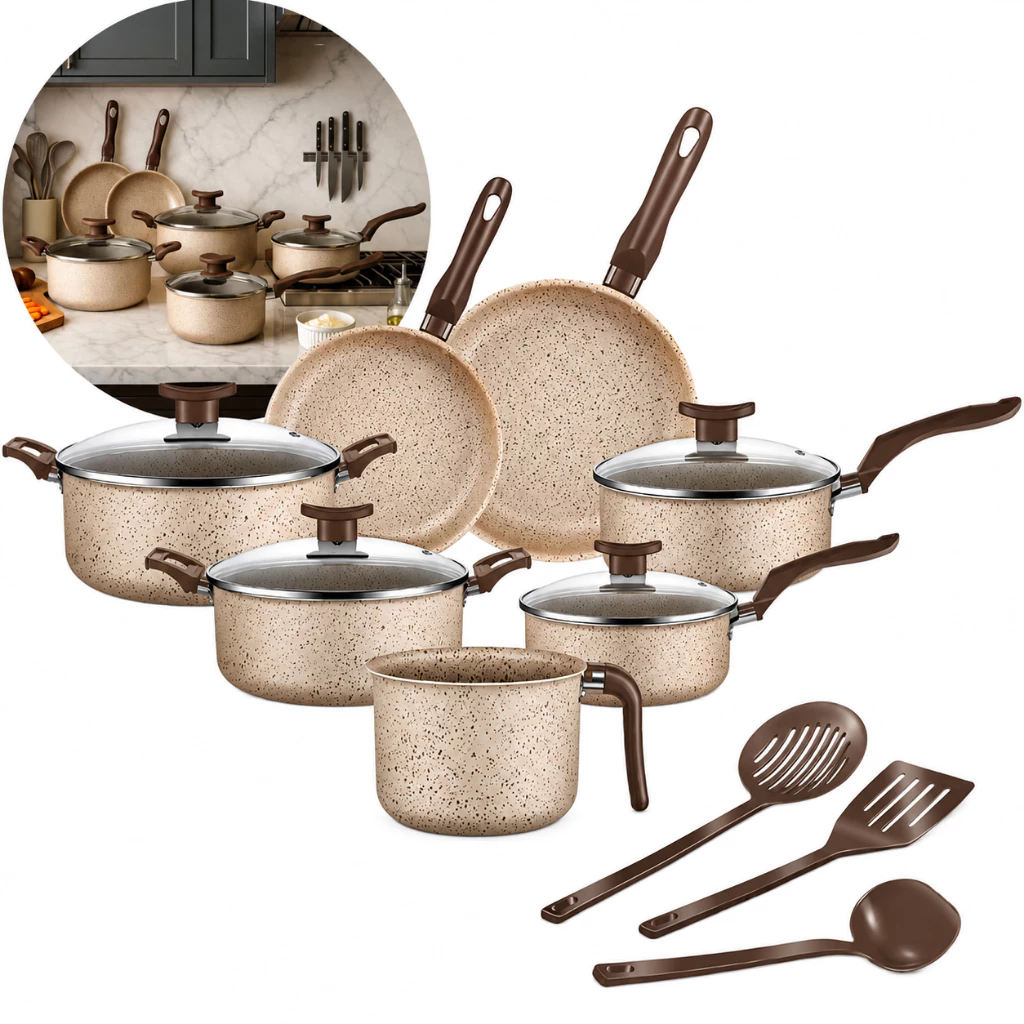 Jogo De Panelas 10 Peças Antiaderente Conjunto Caçarola Frigideira Fervedor Cor Coffee Cappuccino Kit Talheres