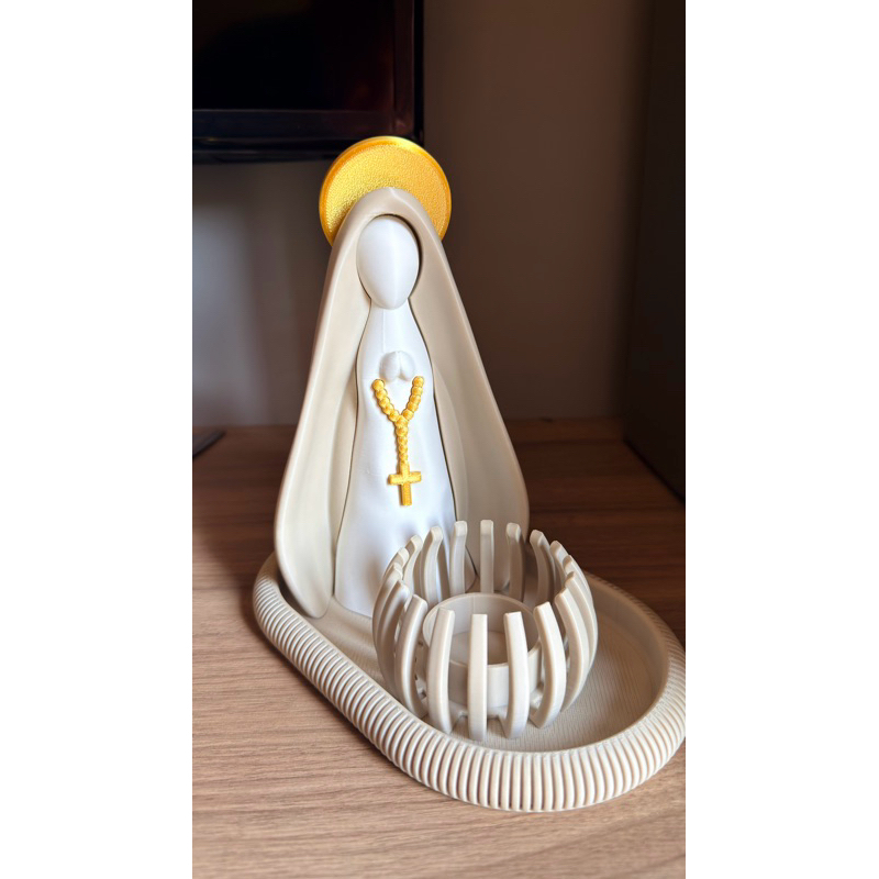 Nossa Senhora Aparecida Imagem Escultura 16cm Kit Decoração Religiosa com Bandeja Porta Velas e Vela Led