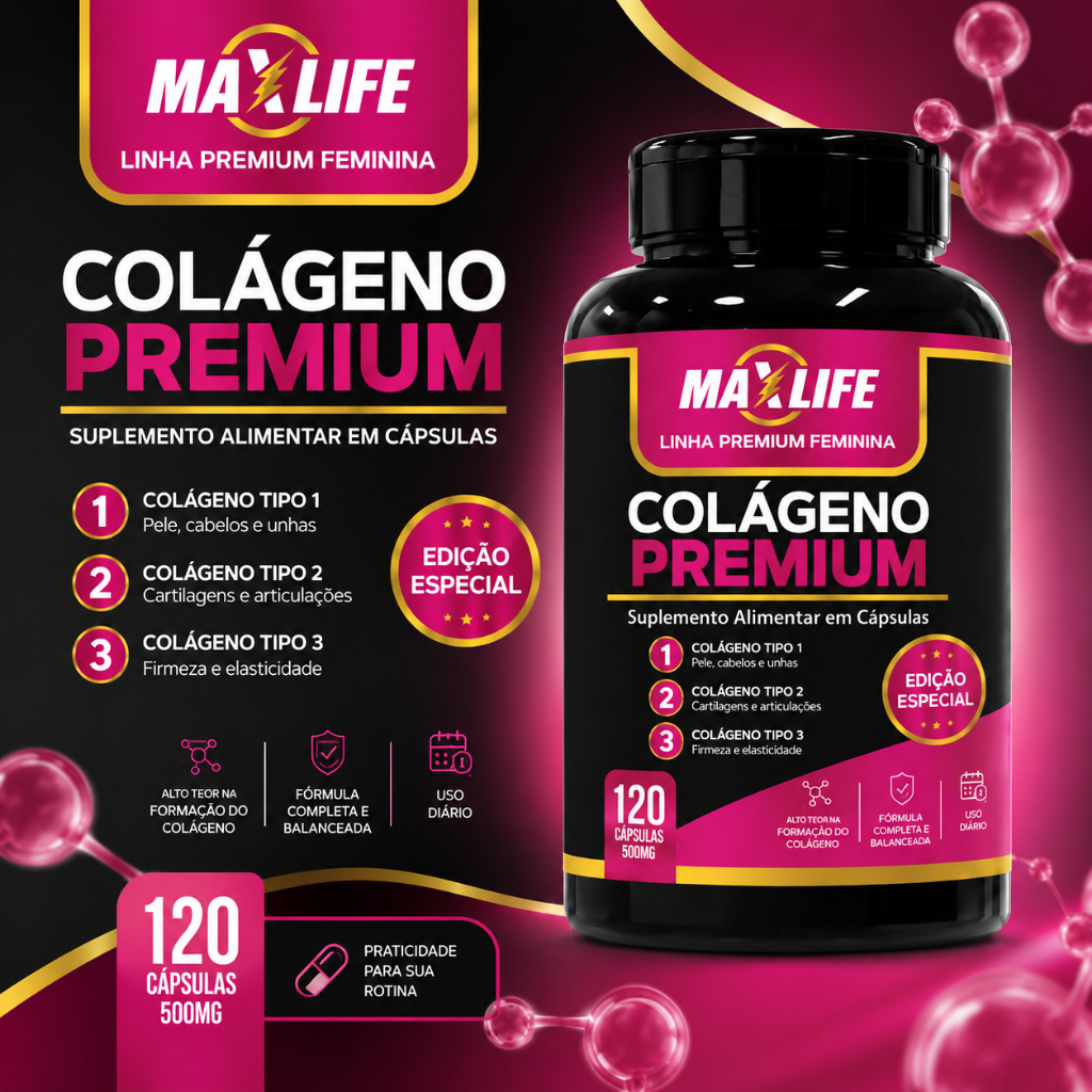 Max Life Colágeno Premium 120 Cápsulas Colágeno Tipo 1 2 3 Uso Diário