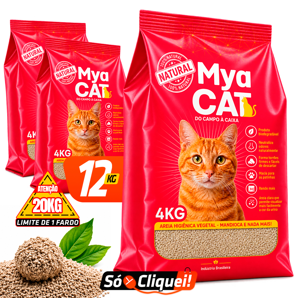 Kit 3 Pacotes Areia Sanitária Mandioca Mya Cat 12KG Granulado Higiênico de Gato Biodegradável Torrões Firmes Evita Odor