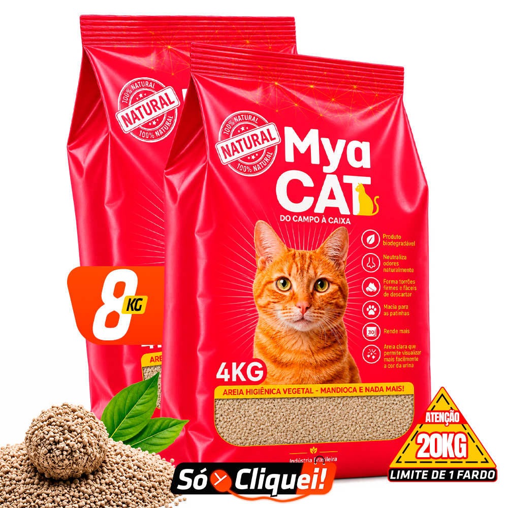 Kit 2 Pacotes Areia Sanitária Mandioca Mya Cat 8KG Granulado Higiênico de Gato Biodegradável Torrões Firmes Evita Odor