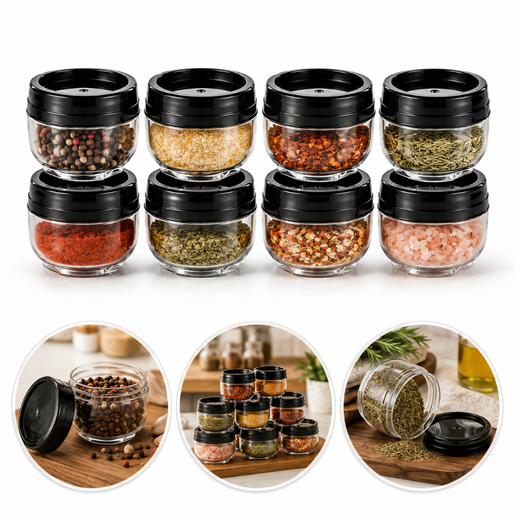 Kit 8 Potes Organizadores Gira e Trava Empilháveis C/ Rosca 155ml Plasútil Para Temperos Condimentos