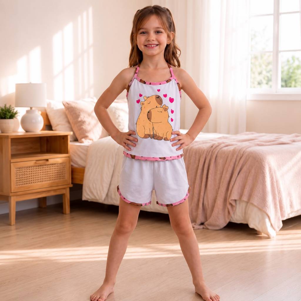 Pijama infantil short doll capivara alcinha baby doll alça basico verão criança