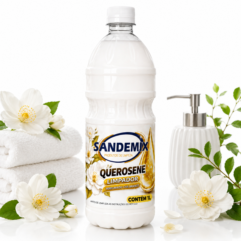 Querosene Perfumado 1L Chá Branco Limpador Limpeza Pesada Pisos Azulejos Brilho Perfume Casa Multiuso 1L
