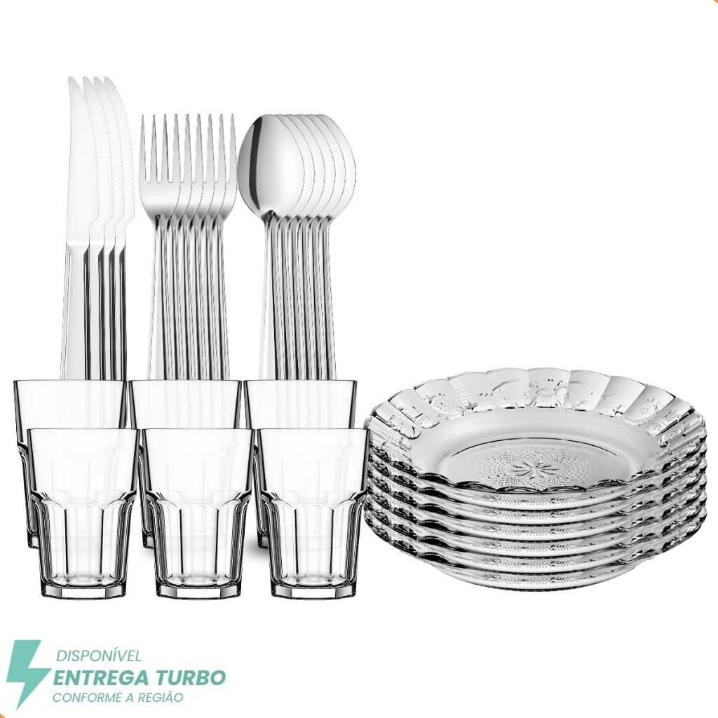Aparelho de Jantar Em Vidro Com Talheres 30 Peças - Copos, Pratos e Talheres Inox - Ideal Mesa Posta