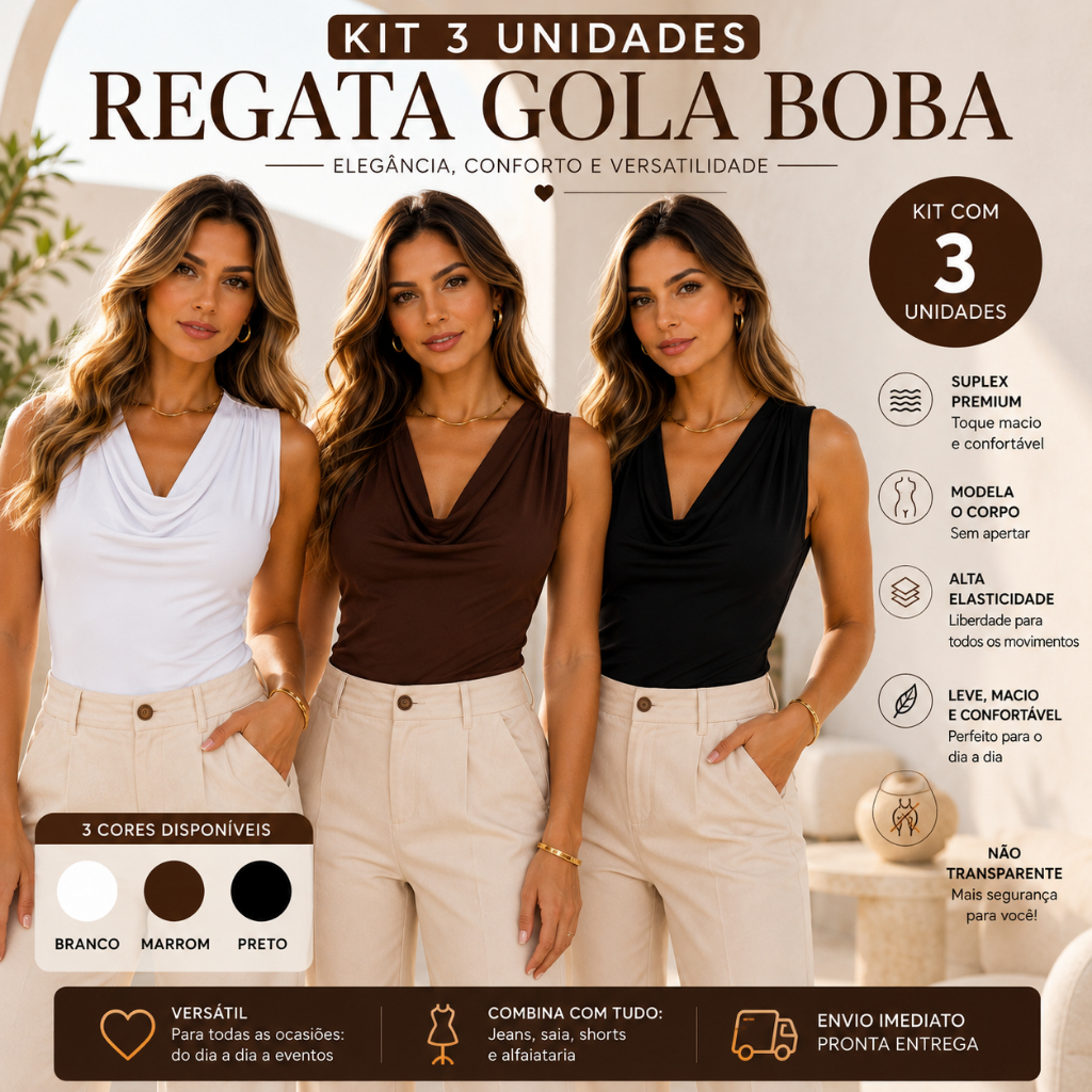 KIT 3 Blusa Regata Feminina Gola Boba Soltinha Suplex Elegante Moda Verão Social Casual Premium
