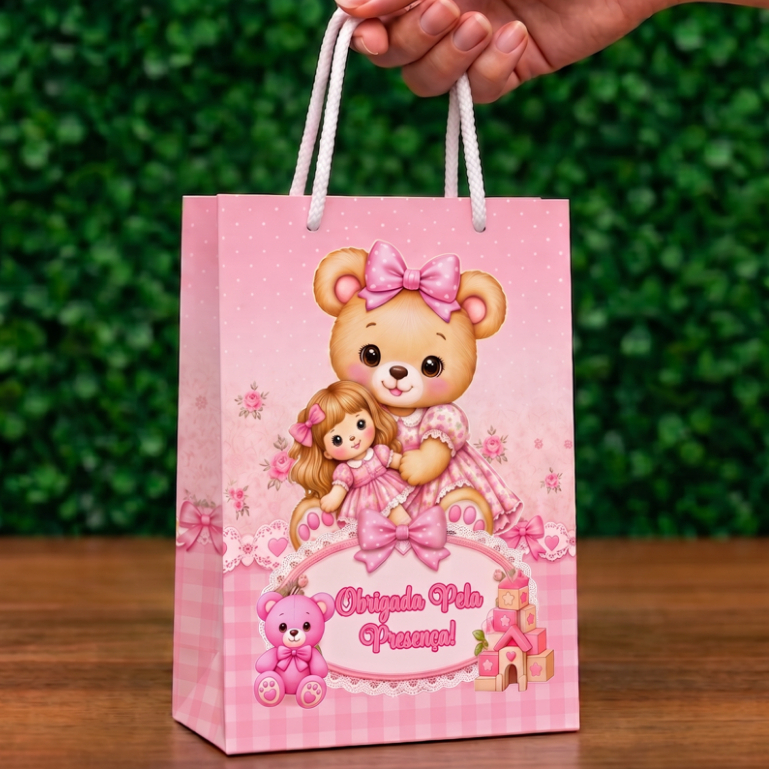 SACOLINHA PERSONALIZADA URSINHA ROSA- ANIVERSÁRIO-MESVERSARIO-BATIZADO-LEMBRANCINHA-PEGUE E MONTE