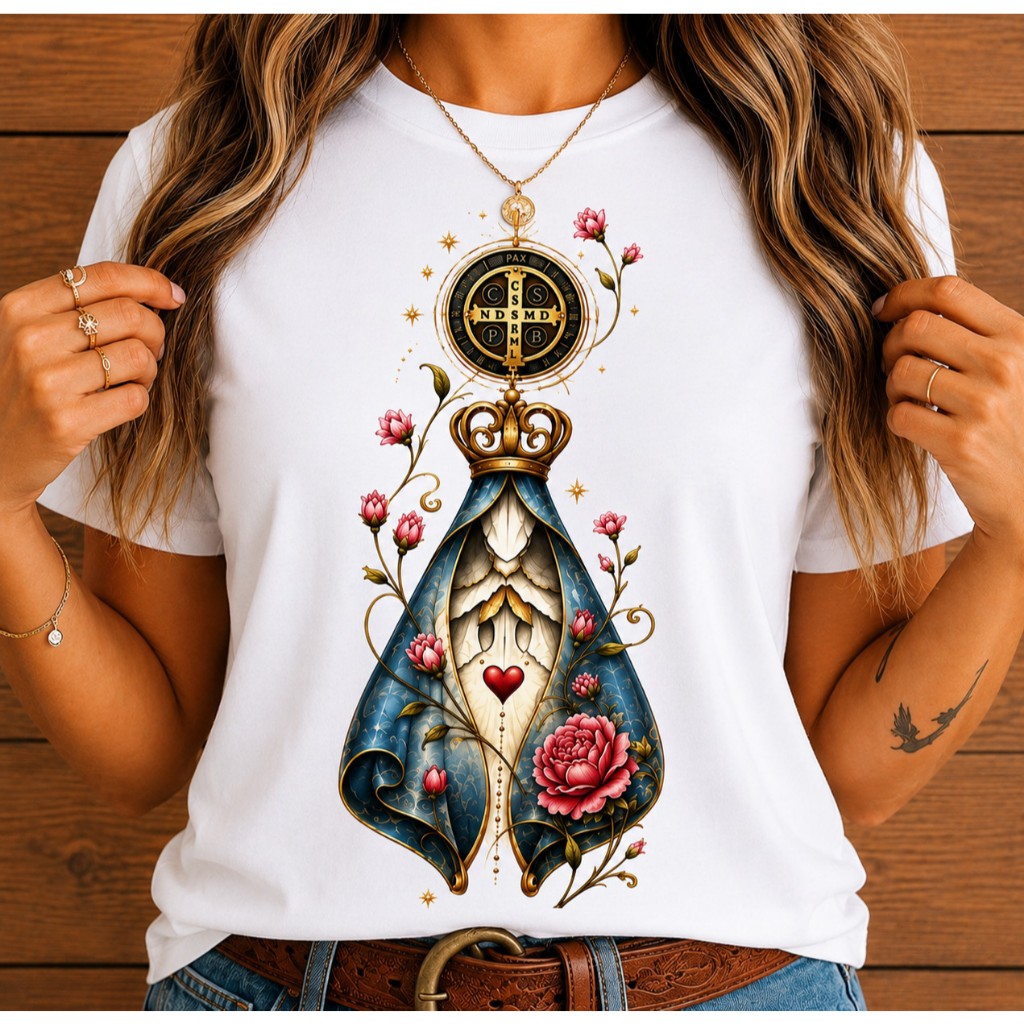 Camiseta Feminina Nossa Senhora Aparecida São Bento Devocional Moda Cristã