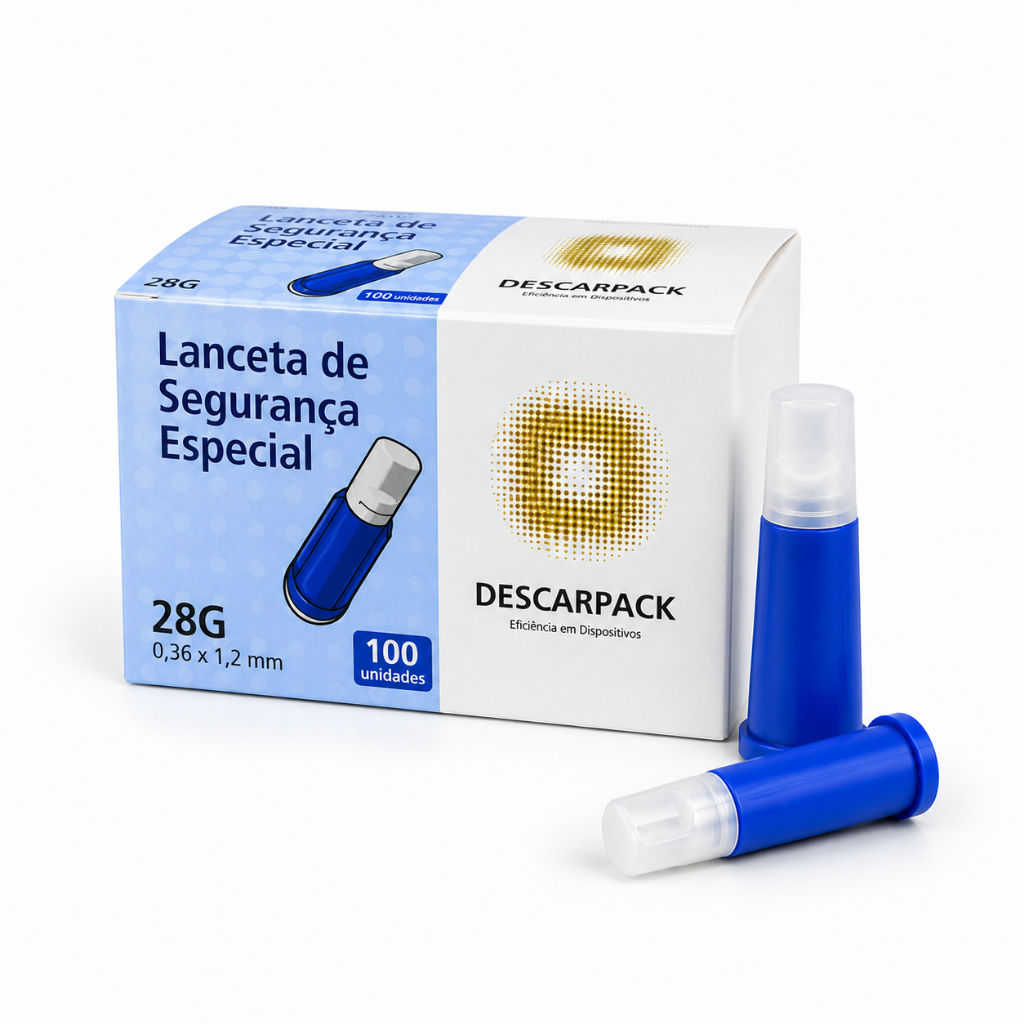 Lanceta de Segurança Especial e Recomendável de 28G - Kit Até 300 Unidades