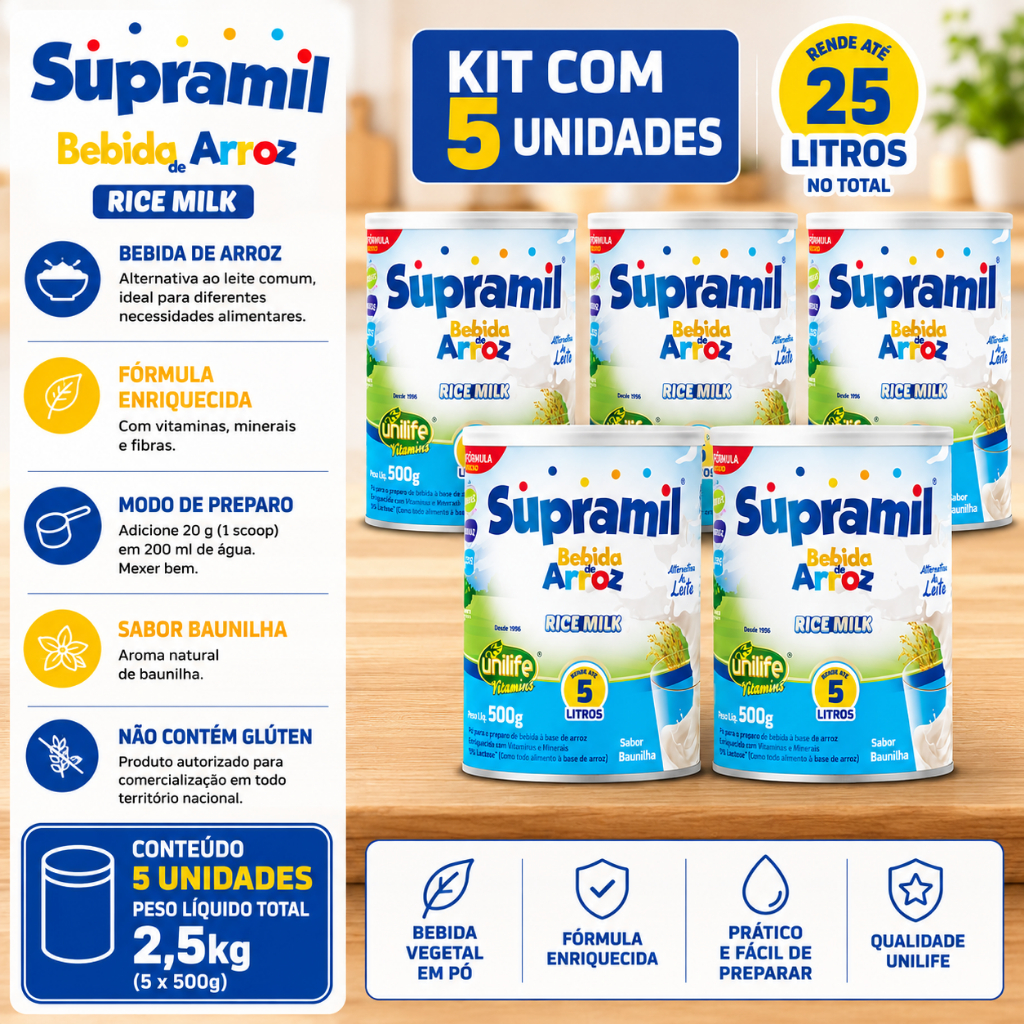 Kit 5 Supramil Bebida de Arroz Kids Unilife 500g