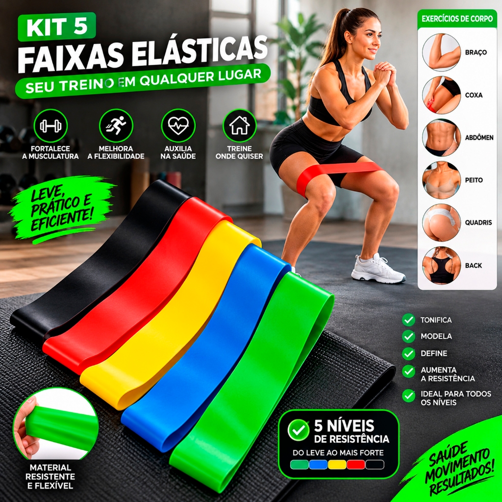 Kit 5 Faixas Elástica de Resistência para Yoga Pilates Treino Academia Fisioterapia
