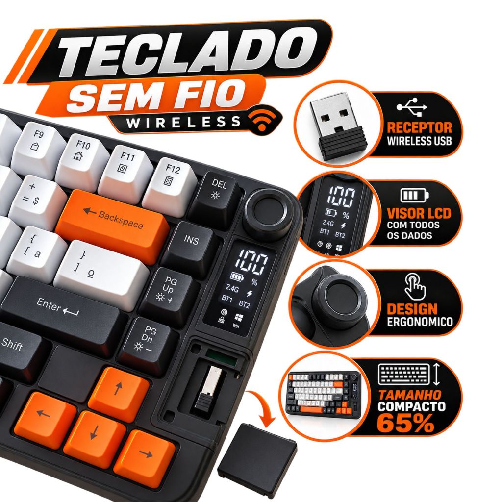 Teclado gamer sem fio iluminado com visor