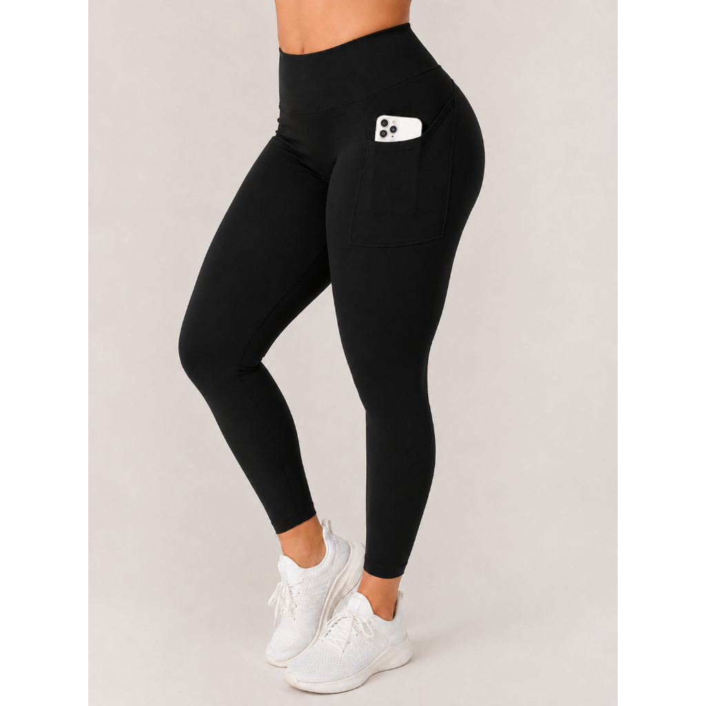 Calça Legging Feminina Cintura Alta Cós Alto Bolso Lateral Suplex Grosso Modeladora Academia Fitness P ao GG