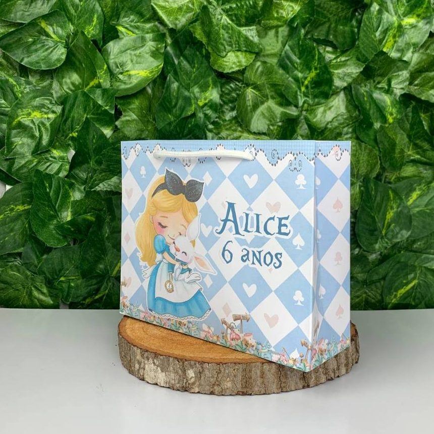 Sacolinha Personalizada Alice no País das Maravilhas Azul Lembrancinha para Festa Infantil