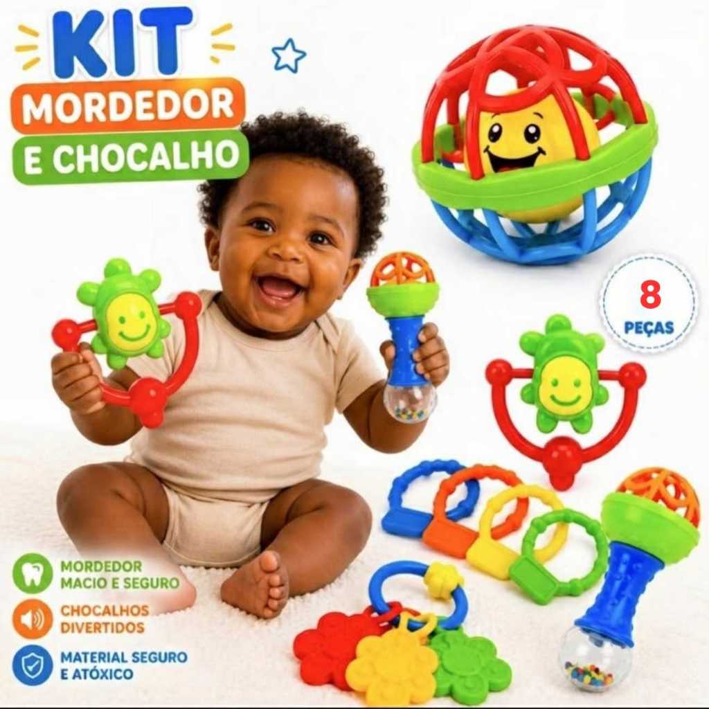 Kit Mordedor para Bebê Brinquedo Sensorial Silicone com Chocalho Peças Coloridas