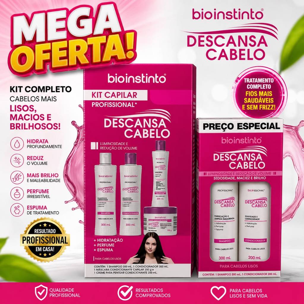 kit Descansa Cabelo Bio Instinto Liso Itenso Hidratação Reparação Reconstruçao Salão Beleza