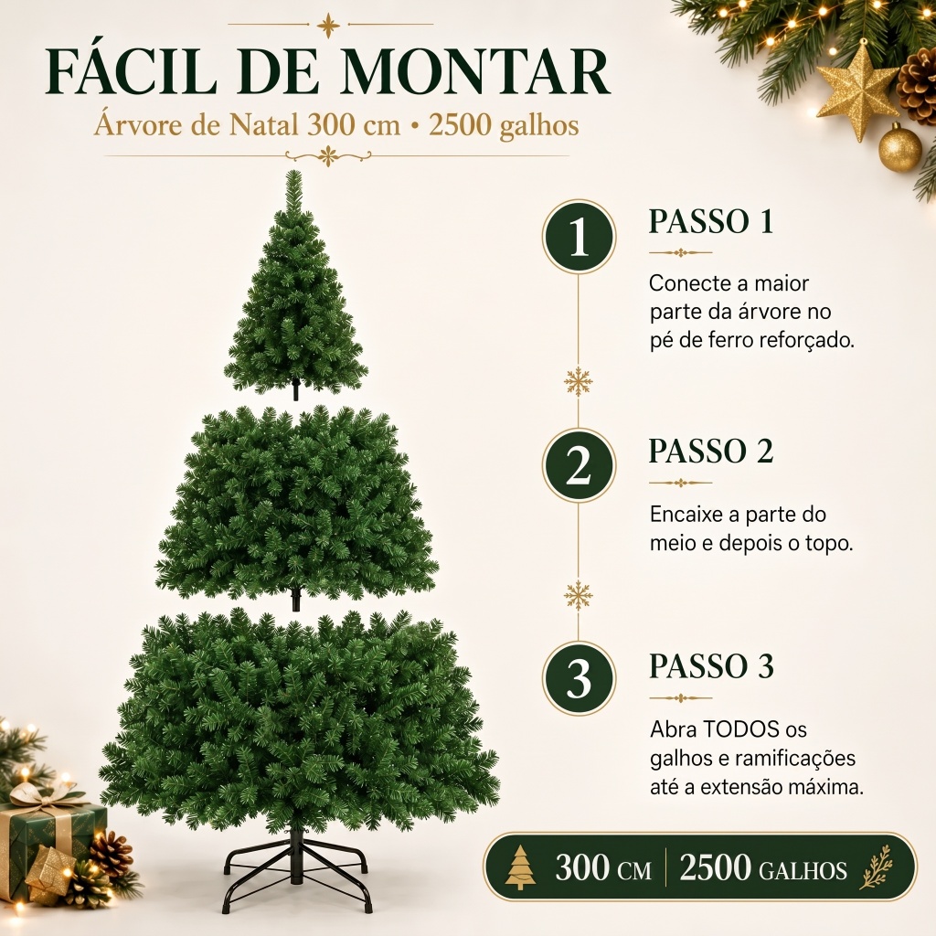 Árvore de Natal Verde 3 Metros 2500 Galhos Cheios Gigante De Luxo Pé de Ferro Pinheiro 3 Metros Premium — imagem 2 de 2