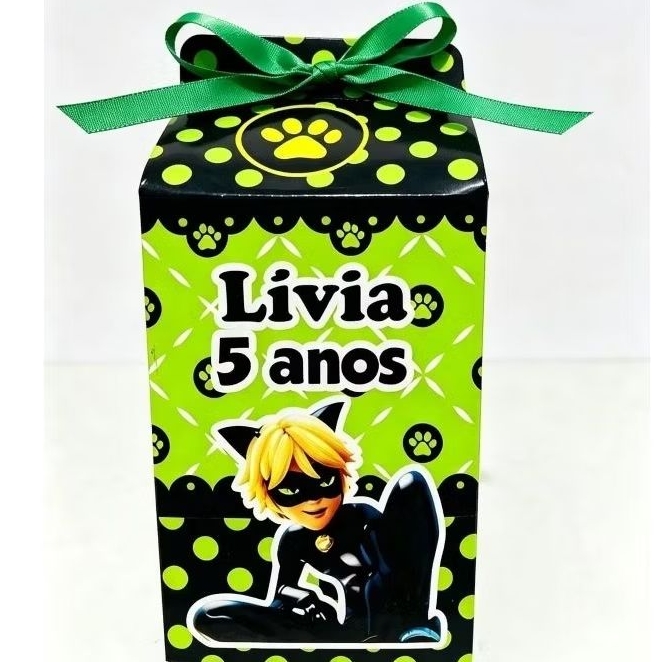 20 Caixinhas Milk Cat Noir Personalizada com Nome e Idade – Lembrancinha para Festa