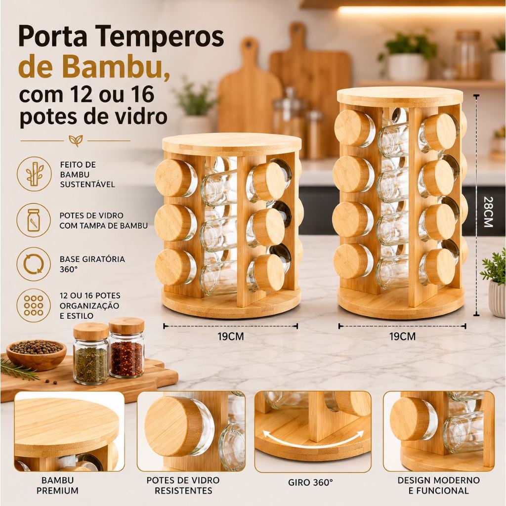 Porta Temperos Premium em Bambu Com 12 ou 16 Potes de Vidro - Organização e Decoração para sua Cozinha - Escolha o Seu