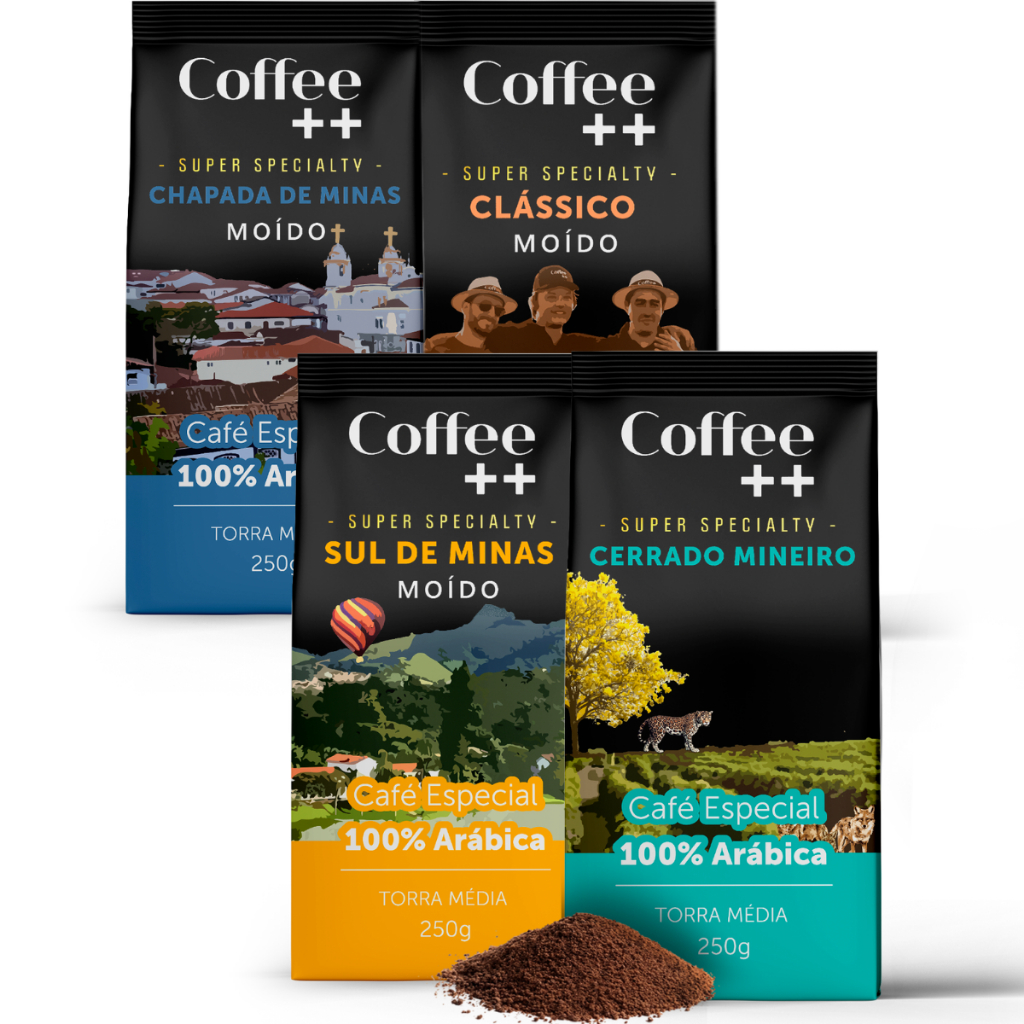 Kit 4 Pacotes Café Especial Em Grãos Coffee Mais Chapada de Minas, Clássico, Sul de Minas e Cerrado Mineiro