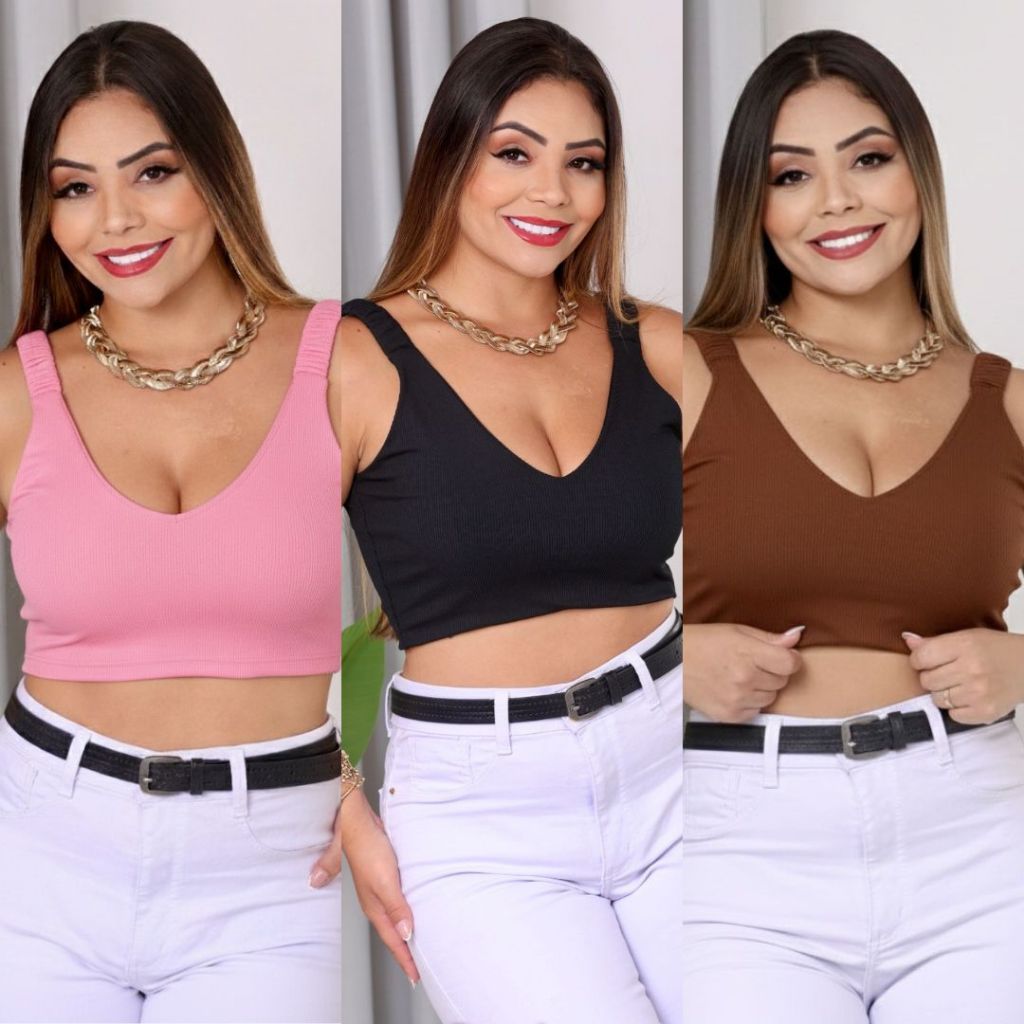 Cropped Femenino Canelada Blusinha Estilosa com Forro Duplo Alças Sanfonada Confortavel Moda Verão Elegante