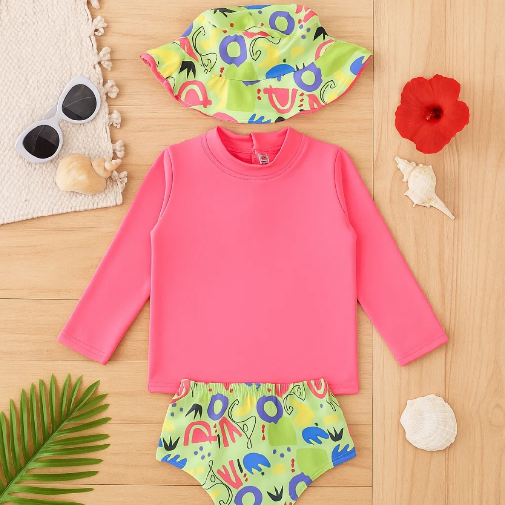 Conjunto Praia Bebê Proteção Uv 50+ Com Forro Menina 3 Peças