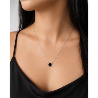 Colar Veneziana Prata 925  C/ Pingente Pedra Onix Preta