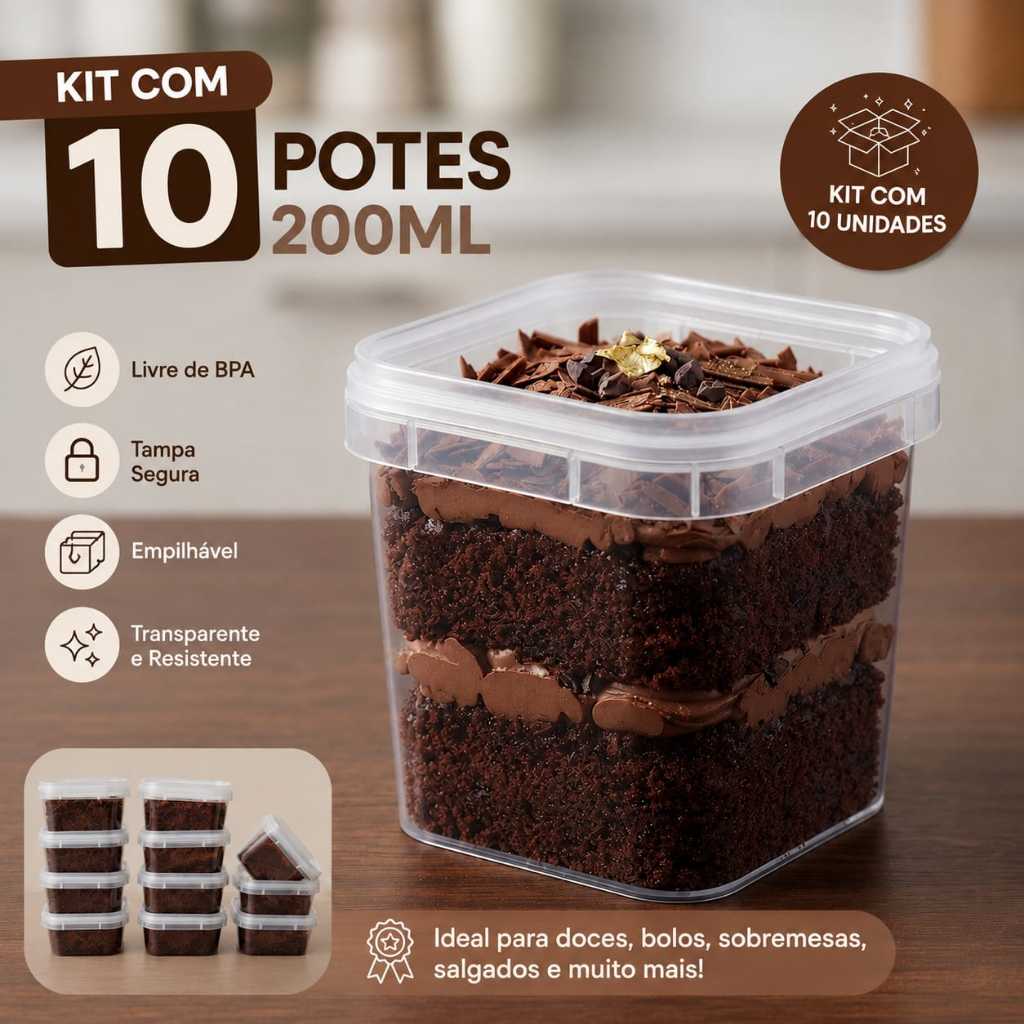 Kit 10 Potes para sobremesa/doce/bolo Tampa Lacre 200ML