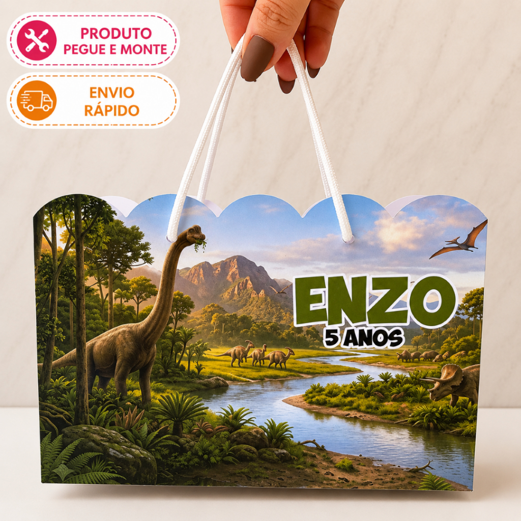 Sacolinha Personalizada Dinossauro - Kit 10, 15, 20 e 30 Unidades festa infantil