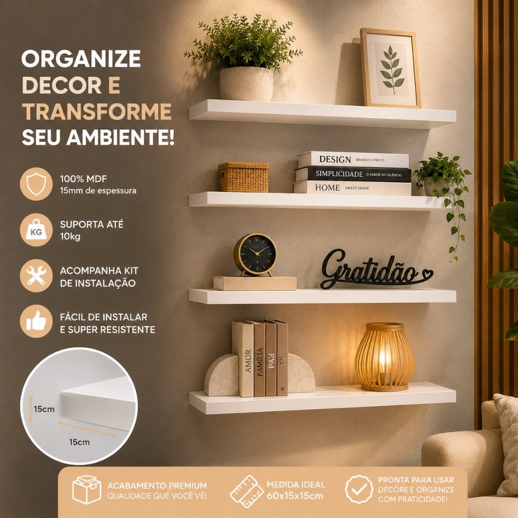 Kit 4 Prateleiras de Parede Suporte Invisível Nicho Multiuso 60x15cm  MDF Reforçado 15mm Quarto escritorio