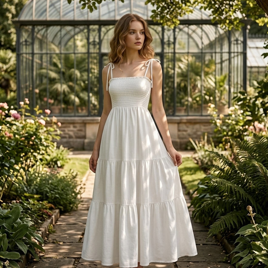 （Branco）Vestido Feminino Longo Branco com Alças Ajustáveis Decote Quadrado Cintura Franzida Saia Rodada Elegante