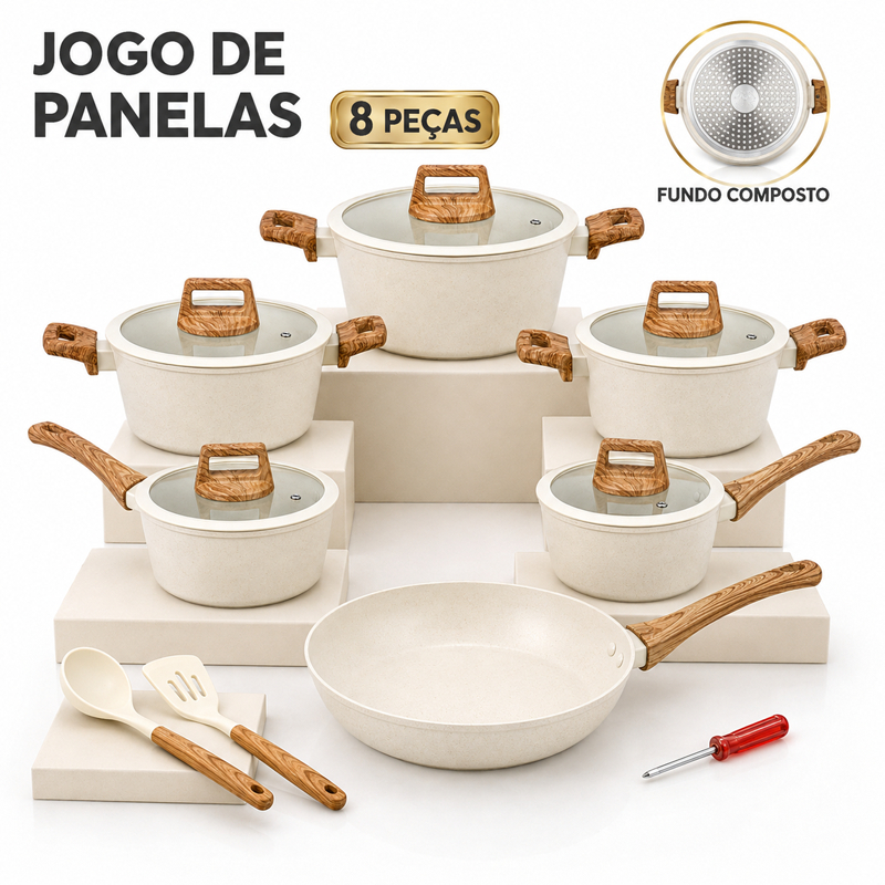 Kit Jogo de Panelas Antiaderente Completo Creme com Frigideiras Tampas de Vidro e Utensílios