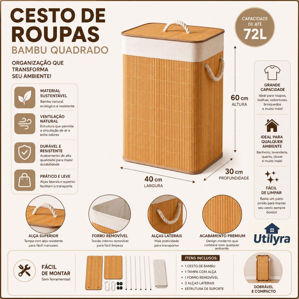 Cesto de Roupa Suja 72L Bambu com Tampa e Forro Removível Organizador para Lavanderia