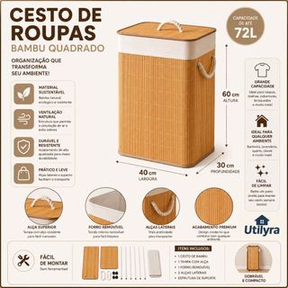 Cesto de Roupa Suja 72L Bambu com Tampa e Forro Removível Organizador para Lavanderia
