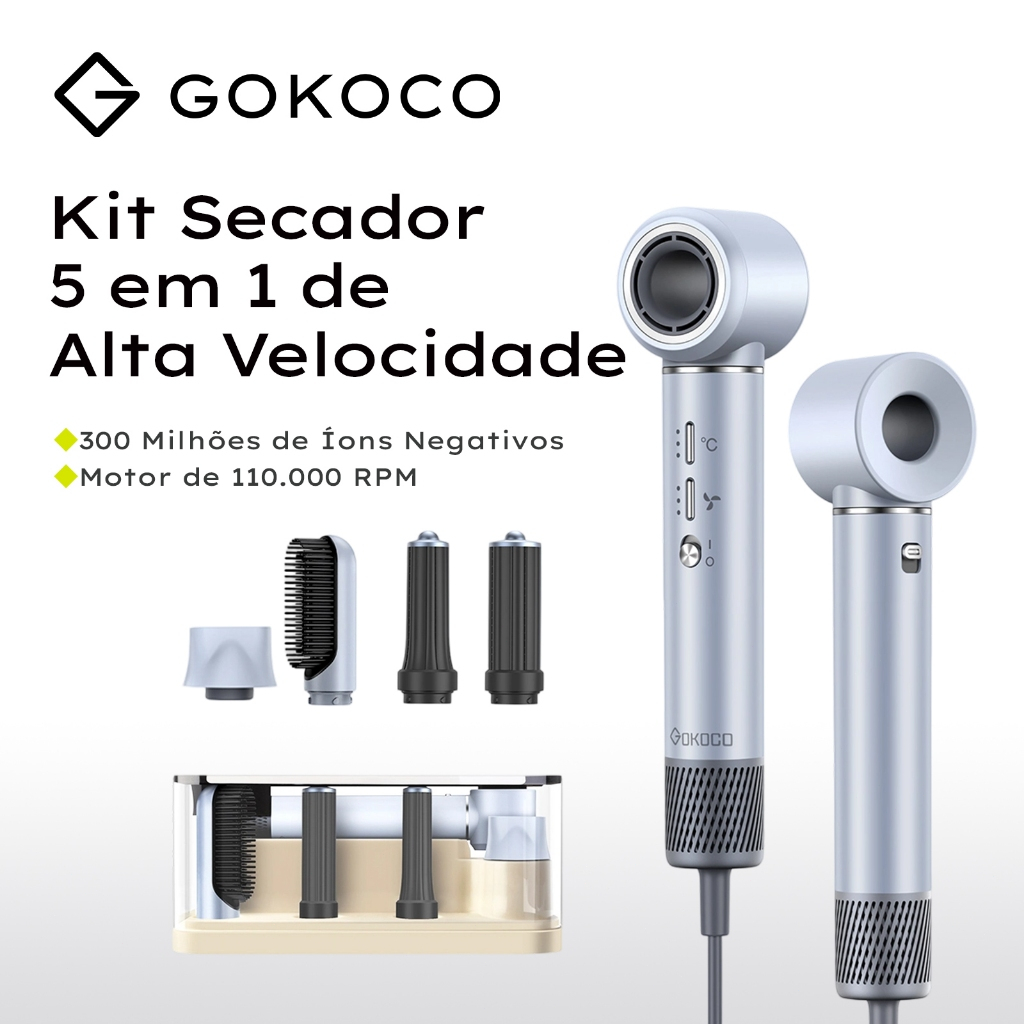 GOKOCO Secador De Cabelo Com 5 Em 1 GD023 Escova Magnético Multifuncional De Alta Velocidade Com Alisar Enrolar Hot Air