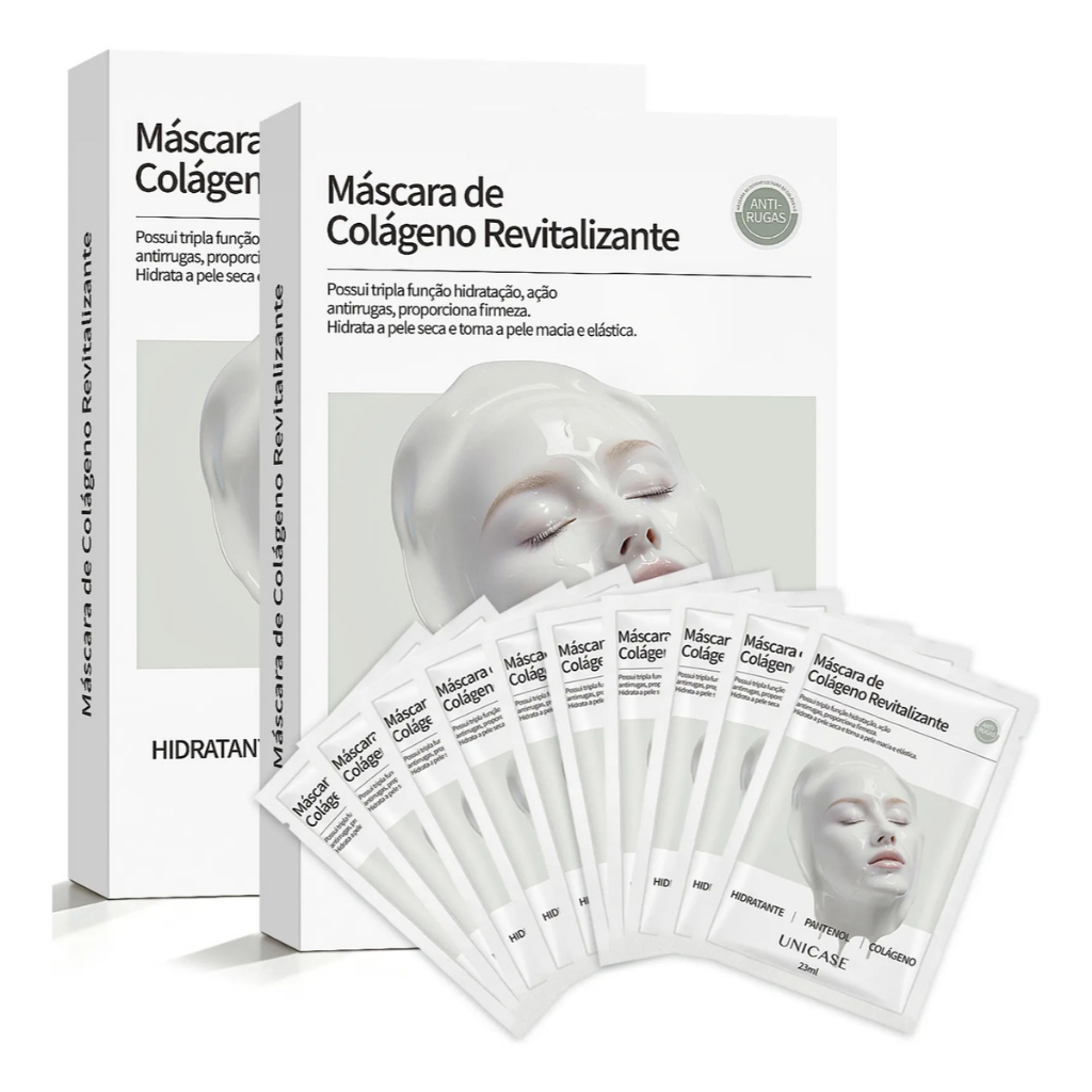 Máscara Facial de Colágeno Hidratante Unicase 10un com Pantenol Skincare para Todos os Tipos de Pele