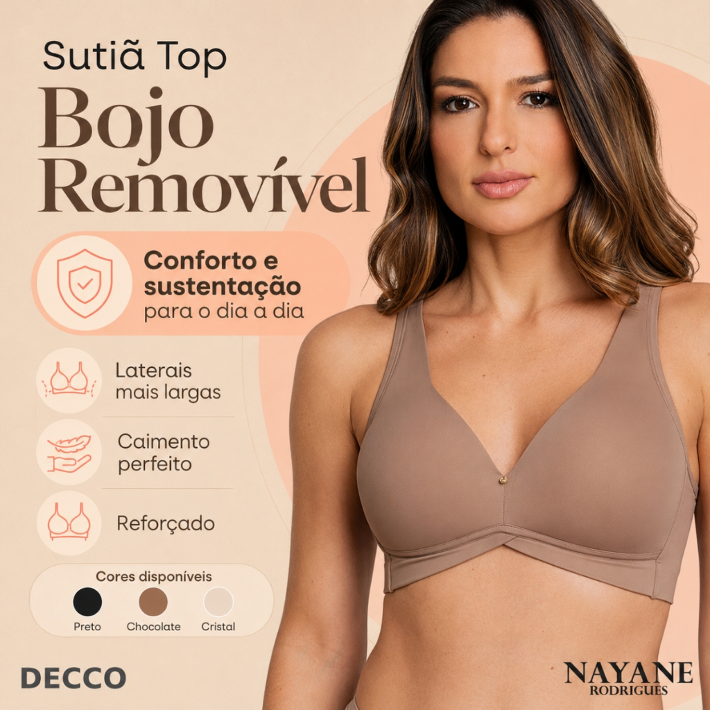 Sutiã Top Nayane Com Bojo Sem Aro Decote V Laterais Largas Confortável