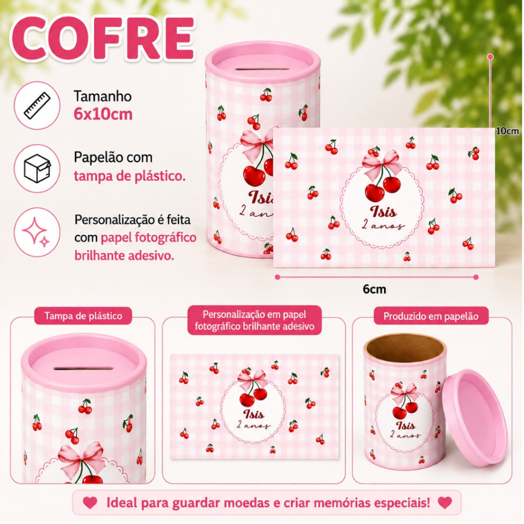 Cofrinho + Rótulo personalizado cerejinha - Lembrancinha festa infantil