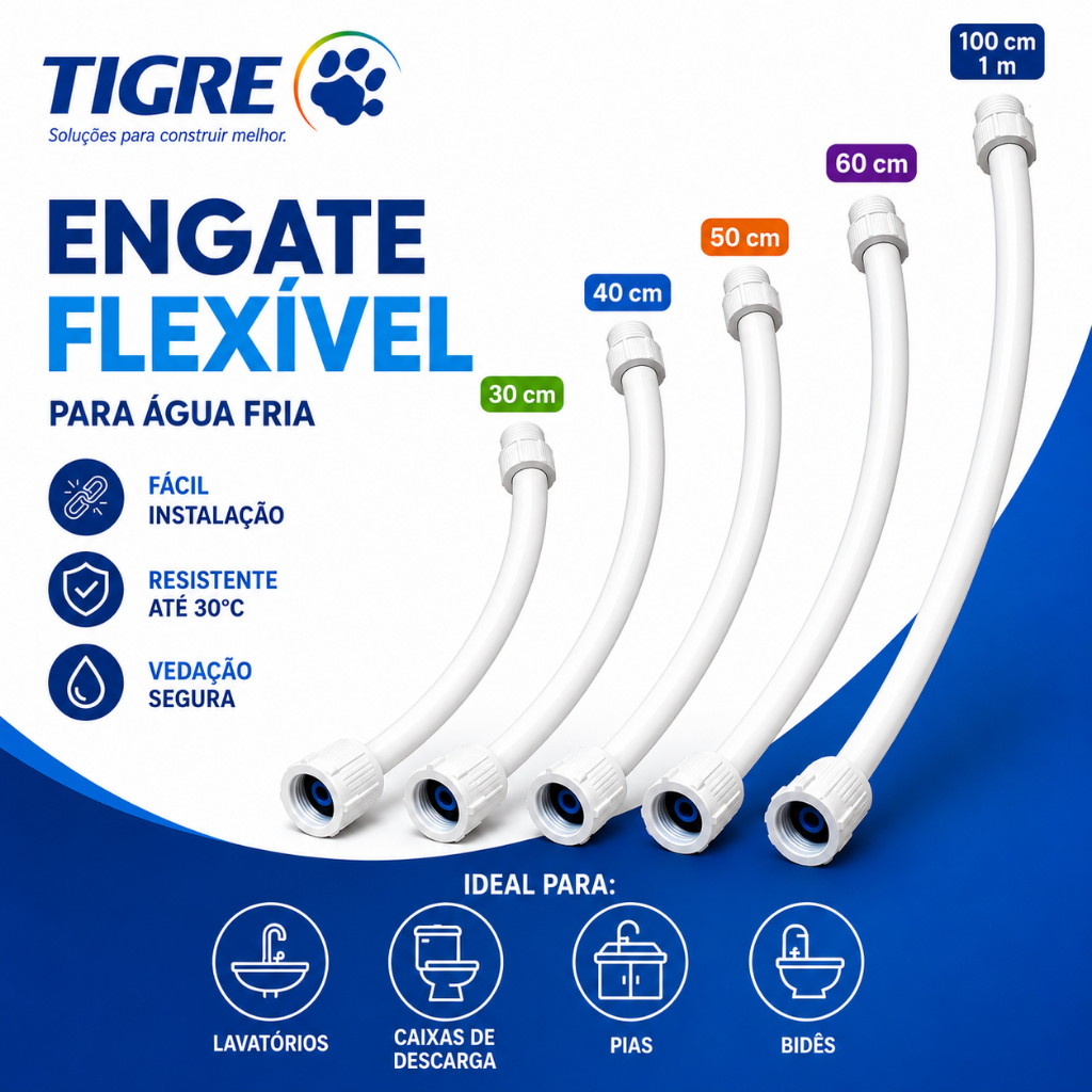 Engate Rabicho Mangueira Flexível Tigre de Plástico Branco 1/2 X 30CM/ 40CM / 50CM / 60CM